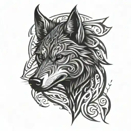 A tribal wolf design incorporating hidden letters F, K, J, and M along the spine tattoo design idea