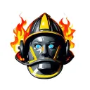 firefighter helmet, fire, face with blue eyes,  tattoo design idea