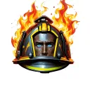 firefighter helmet, fire, face with blue eyes,  tattoo design idea