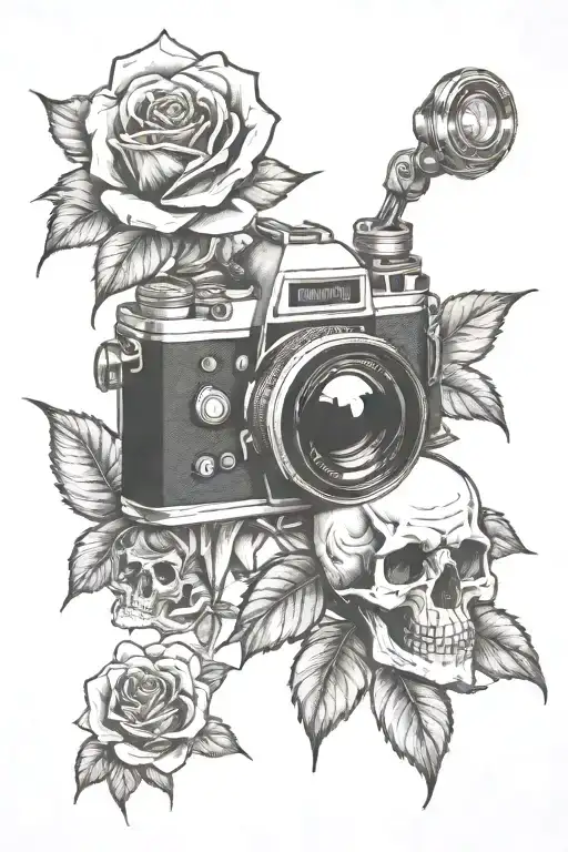 skull roses and camera lens transforming tattoo design idea
