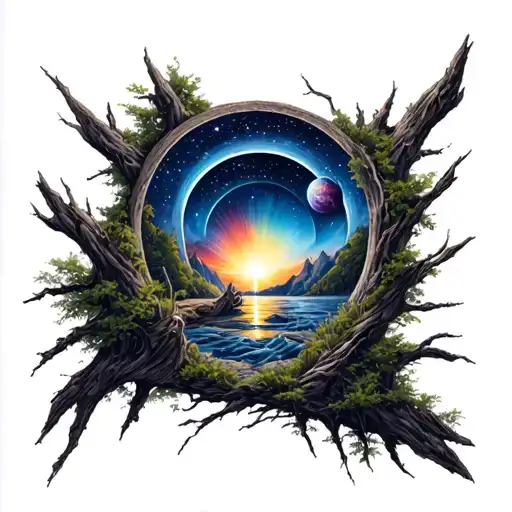 For a tattoo on the chest, a war scenario, in the middle of an intergalactic portal, going to a nature peace scene tattoo design idea