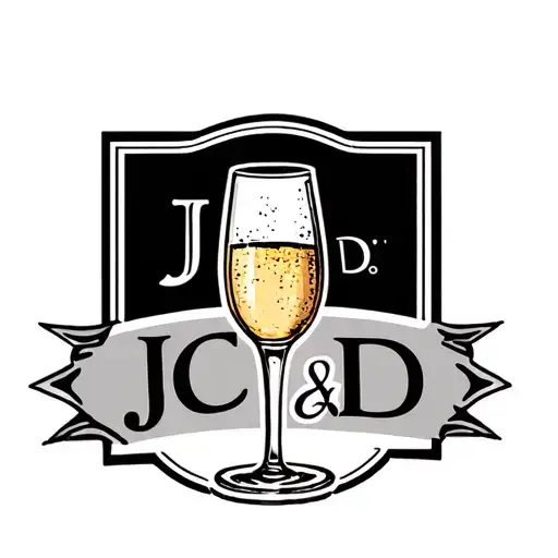 glass of champagne in a stamp with the initials JC and D tattoo design idea