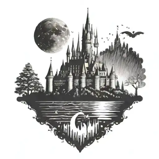 A Disney castle silhouette with hidden Harry Potter symbols incorporated, symbolizing a passion for both magical worlds tattoo design idea
