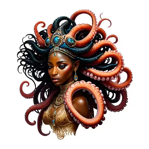 alien octopus tentacles wrapped around  African goddess tattoo design idea