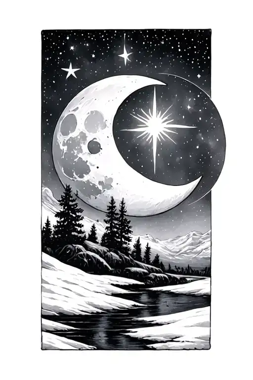 Turkish moon and star under northern lights(Aurora) tattoo design idea