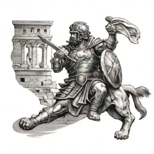 Roman soldier, colosseum, Lion, sun shining tattoo design idea