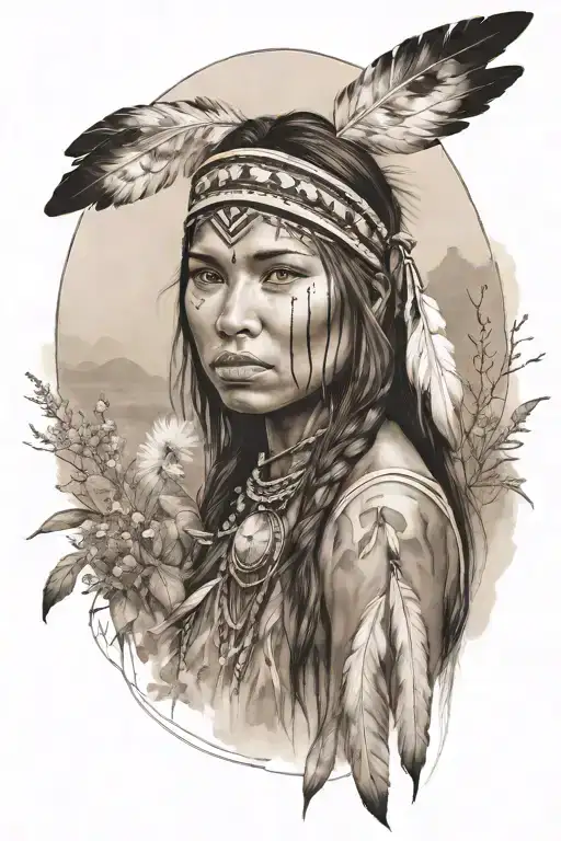 young adorable captivating native american woman, river, meadow tattoo design idea