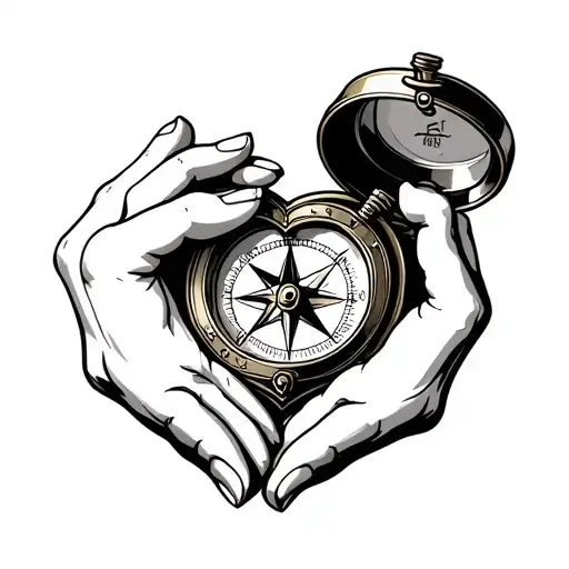 I want two hands shaped as a heart holding a traditional pocket compass, with an open lid. The compass' needle needs to  tattoo design idea