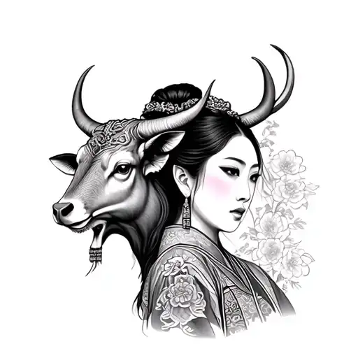 traditional Vietnamese woman with an Chinese zodiac ox tattoo design idea