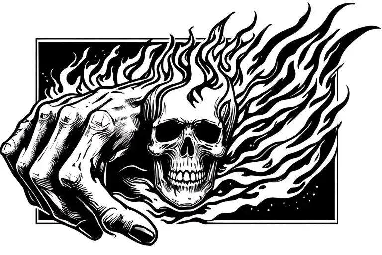 hand tattoo with a skull with fire tattoo design idea