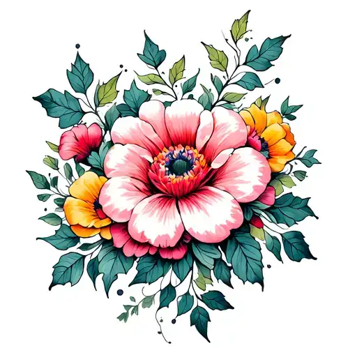 bright colored flowers connected by green ivy and leaves for the back tattoo design idea