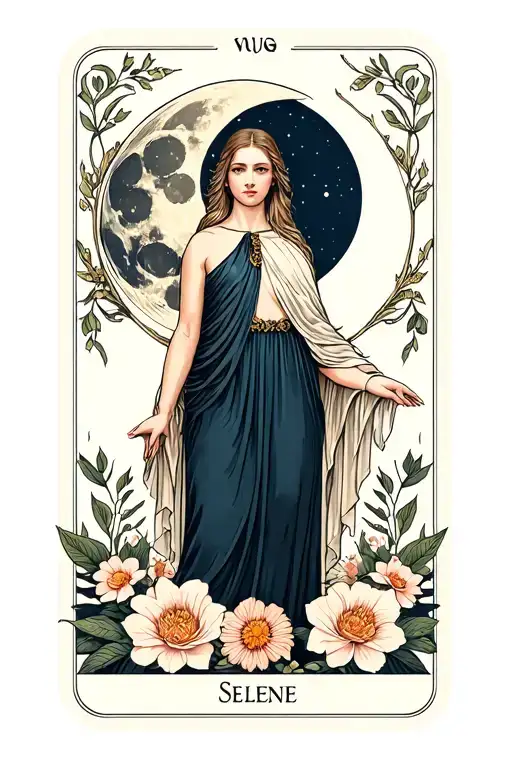 selene goddess of the moon in tarot card with floral frame tattoo design idea