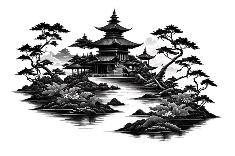 Balinese landscape chest tattoo design incorporating tattoo design idea