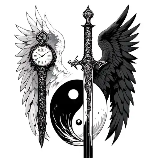 imam ali sword, angel of death and angel, ying yang, time clock tattoo design idea