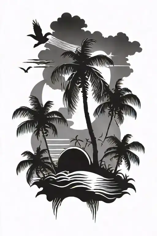 coconut tree, bird in sky, sun, coconut and mango  tattoo design idea
