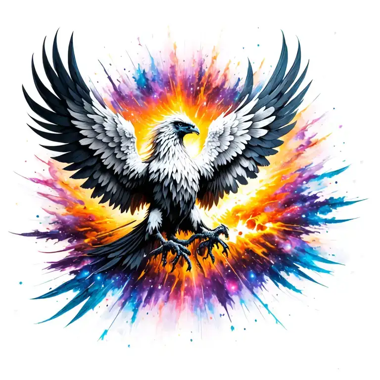 a black and white Phoenix exploding out of a color galaxy tattoo design idea