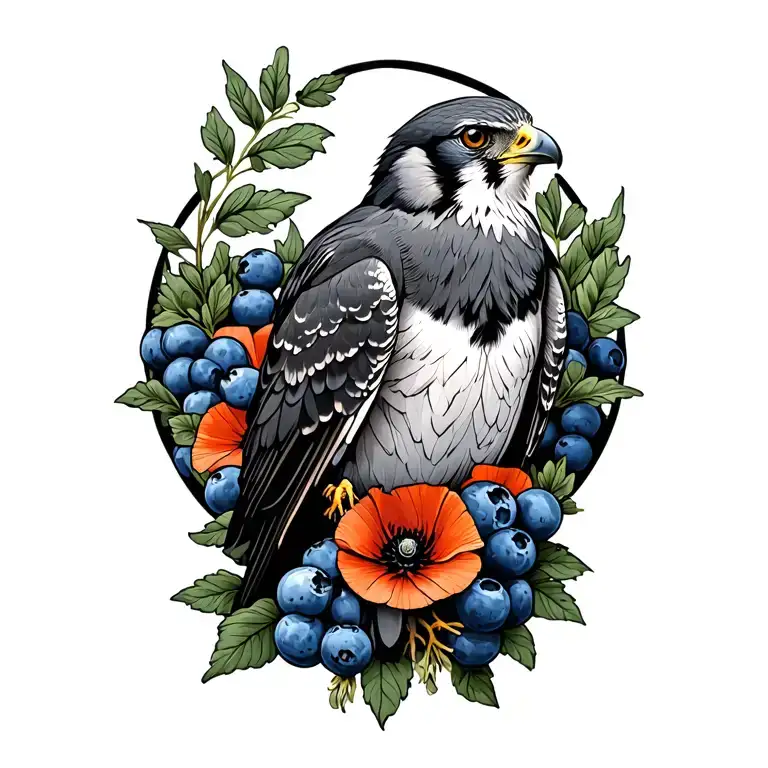 peregrine falcon with blueberries and poppies around it tattoo design idea