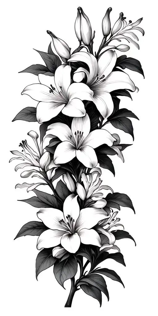 lilies blooming along; star jasmine vine intertwined tattoo design idea