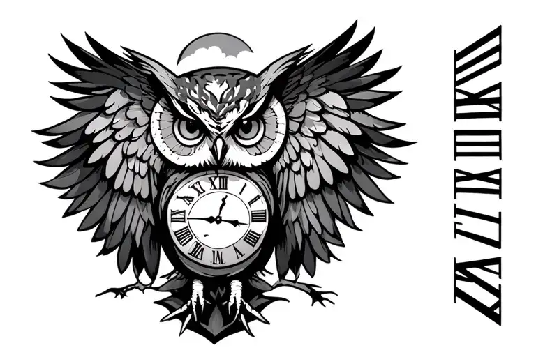 Owl with its wings open at night in the forest with Roman numerals around it like a clock with a moon. tattoo design idea