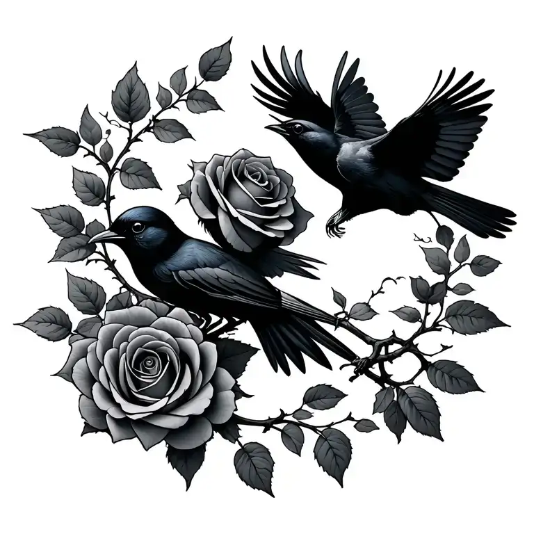 rose vines with galic black bird flying tattoo design idea