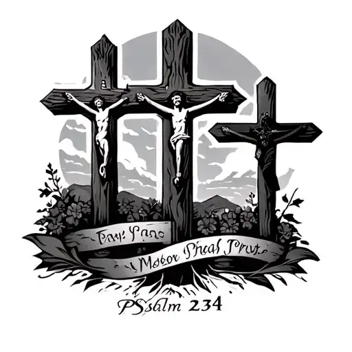 3 Calvary Crosses and Psalm 23:4 bold written underneath tattoo design idea