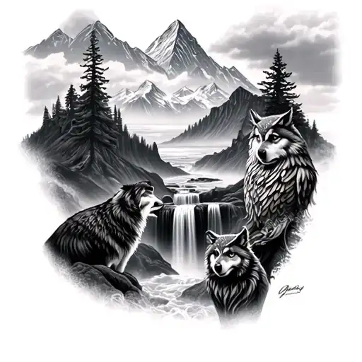 Creat hand full hand sleeve tattoo which includes mountains,waterfall,wolves,owl and messi  tattoo design idea