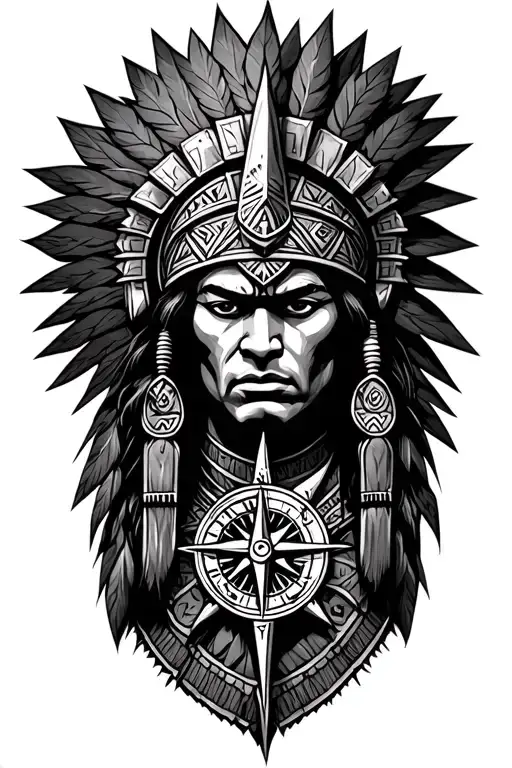 Aztec warrior with compass tattoo design idea
