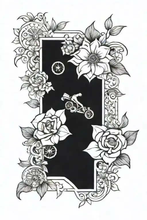 arm sleeve tattoo with a racing cart flowers in the middle and geometric pattern. shading  tattoo design idea