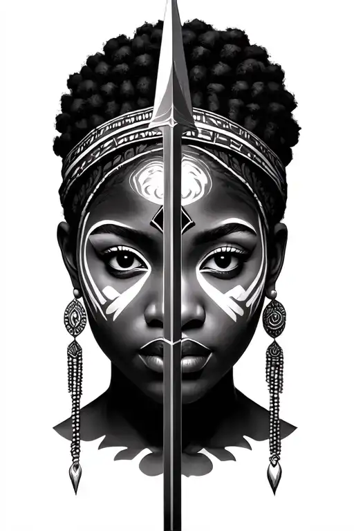 two beautiful African women faces war paint warriors. facing front. spear tattoo design idea