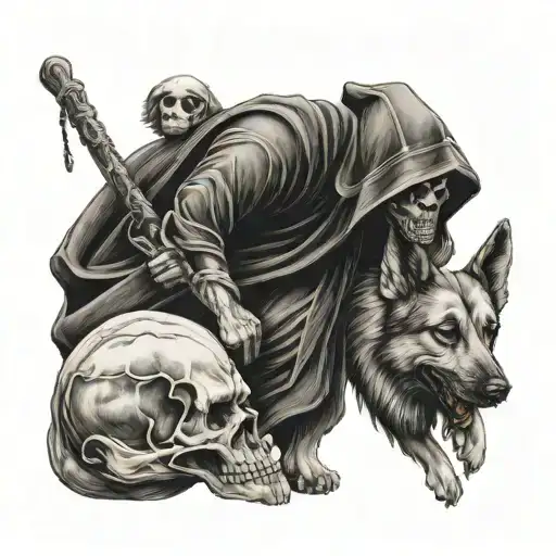 very detailed grim reaper holding skulls german shepherd dog tattoo design idea