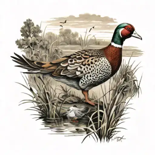 Pheasant and ducks in marshland tattoo design idea