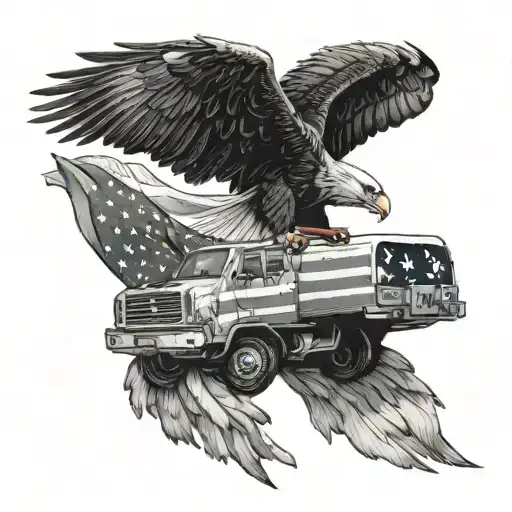 A detailed tattoo of a bald eagle perched on a diesel truck with the American flag draped over the hood tattoo design idea