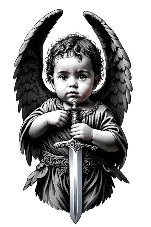 baby angel holding a sword tattoo design idea