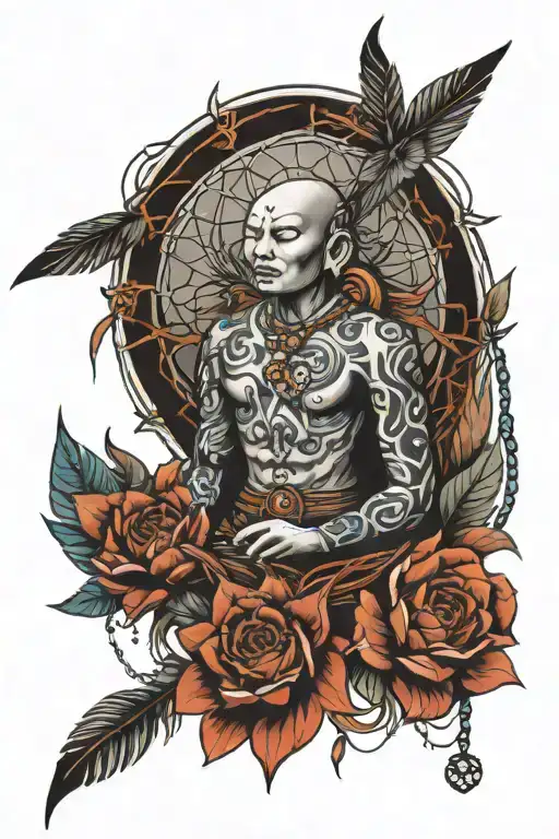 Buddhist with dream catcher very detailed tattoo design idea
