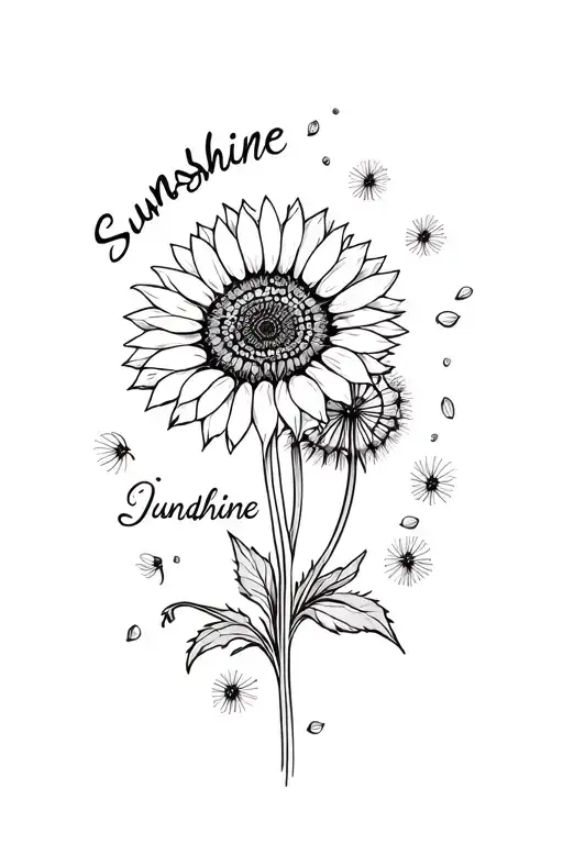 sunflower and dandelion in full bloom tied together on stems, word "Sunshine" along side, dandelion seeds surrounding tattoo design idea