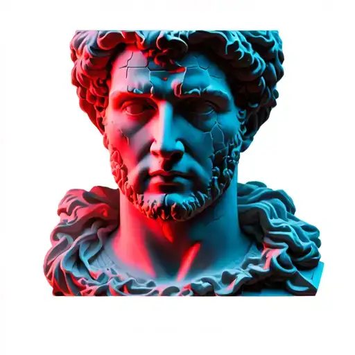 "A marble bust of the Roman Emperor Nero with a futuristic twist. His face has cracks glowing with neon red and blue lig tattoo design idea