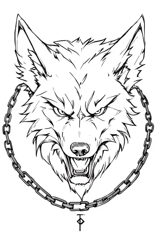 Fenrir wolf with runes and chains, angry. Sketch style with loose lines tattoo design idea