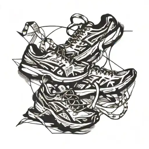 Abstract representation of a marathon route map intertwined with running shoes and a finish line tattoo design idea