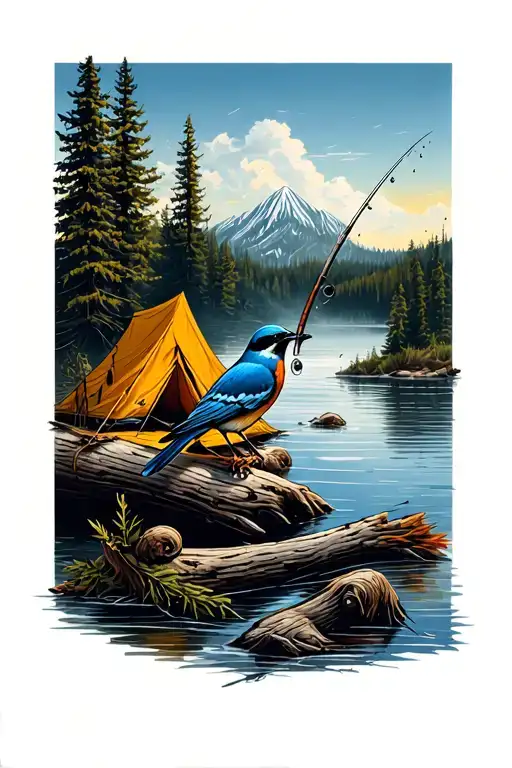 black and grey sleeve tattoo with outdoor theme; camping, fishing, blue bird on a branch tattoo design idea