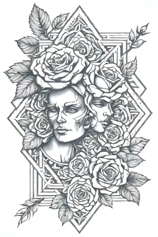 Roses, slit faces one male in the military and the other female as a teacher, I love you till death do us part in Greek tattoo design idea