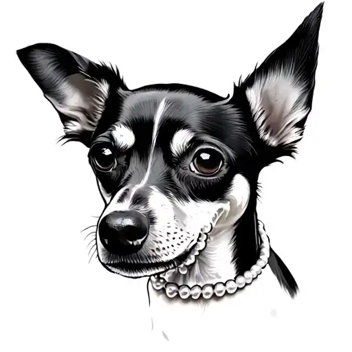 Pinscher dog, with few hair, and the half -colored caramel, with small pearl necklace tattoo design idea