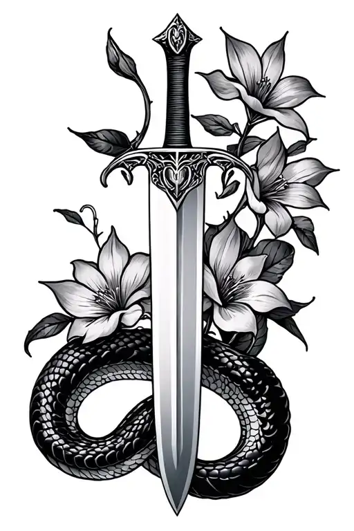Domestic Violence Survivor snake sword flowers tattoo design idea