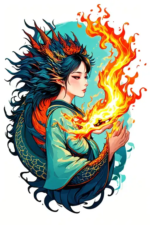 japanese woman and dragon breathing fire tattoo design idea