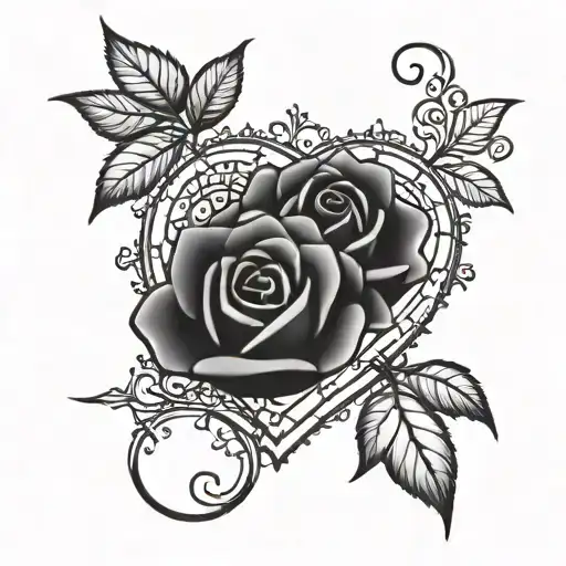 Merge the emoji of a heart and a rose in a dark gothic style tattoo design idea