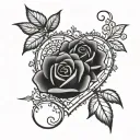 Merge the emoji of a heart and a rose in a dark gothic style tattoo design idea