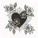 Merge the emoji of a heart and a rose in a dark gothic style tattoo design idea