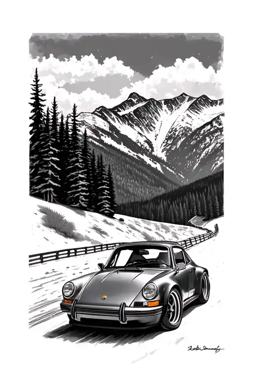 vintage Porsche 911 driving through the Alps (with trees, mountains, and atmospheric detail) tattoo design idea