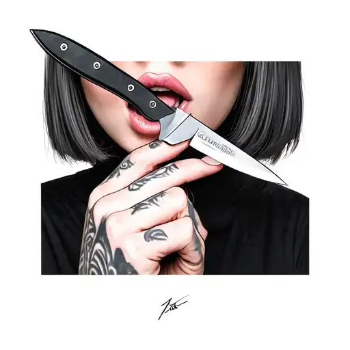 The woman holds a knife horizontally at her mouth, blade touching or just inside the lips.	Hair is blunt-cut with short  tattoo design idea