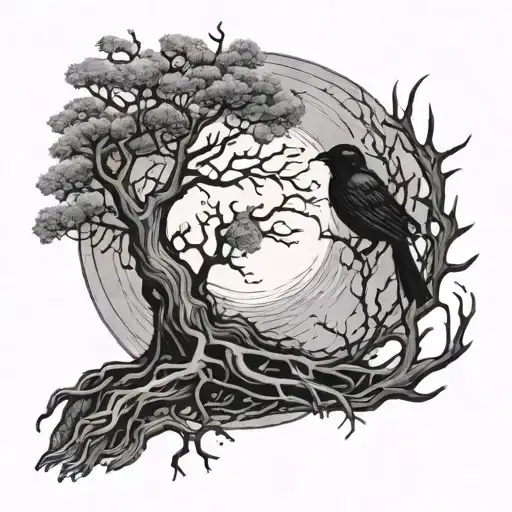 full moon, black bird sitting, tree roots tattoo design idea