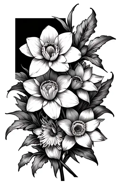 Daffodil,Marigold,Water lily, Morning Glory, Jonquil, Iris intertwined  tattoo design idea